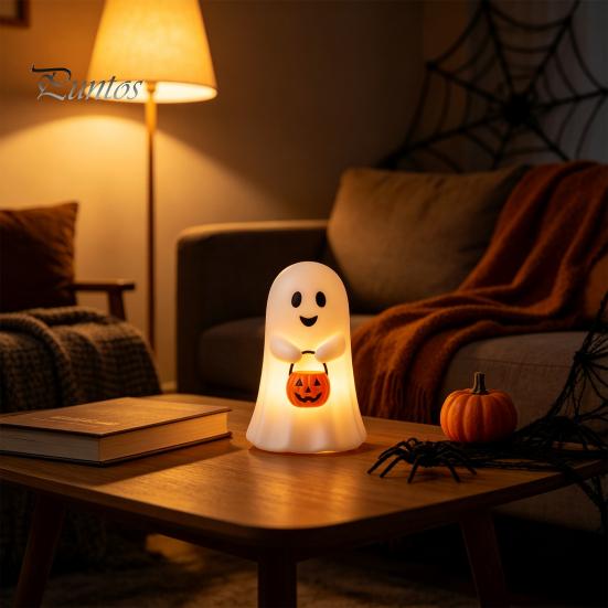 Festival Atmosphere Supplies Cute Ghost Holding Pumpkin Bucket Table Lamp, Halloween Spooky Bedside Christmas Eve Party Small LED Night Light