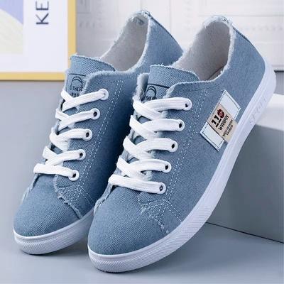 Women's Denim Canvas Sneakers Lace-up Low-top Casual Shoes Fashion Fringe Trim Walking Shoes