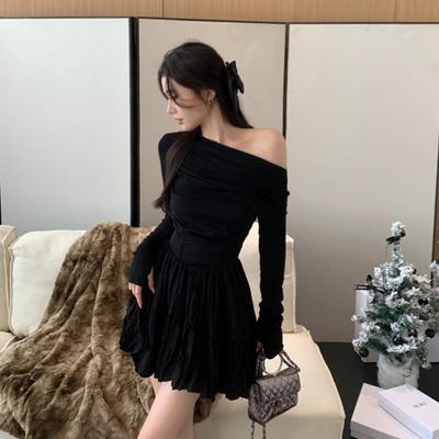 Pure Sexy One Shoulder Dress Spring New French Off-shoulder Black A-line Puffy Skirt Women Elegant Birthday Party Dresses