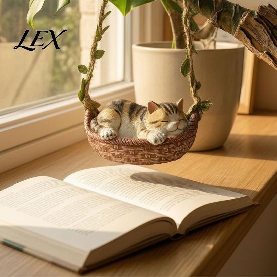 Sleeping Kitten Hanging Ornament Basket Cat Statue, Cute Figurine, Weatherproof Decor for Balcony Resin Outdoor Garden Patio Porch Decoration