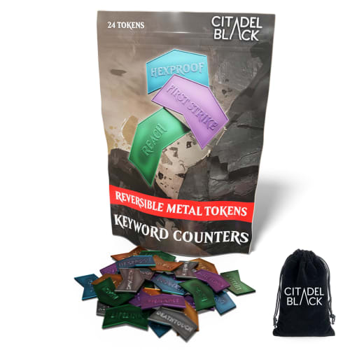 

Citadel Black MTG Metal Keyword Counters - Set of 24 Reversible Tokens - Includes Drawstring Pouch, Antique Metal Finish, Designed for MTG TCG Magic: