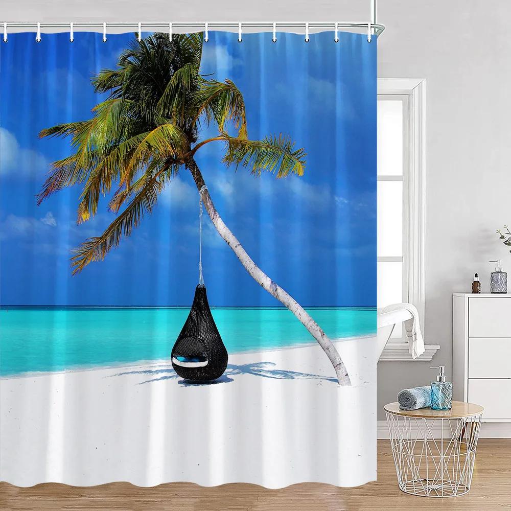 Seaside Beach Shower Curtains Summer Vacation Coconut Trees Seascape Sea Scenery Bathroom Decorations Polyester Bath Curtain