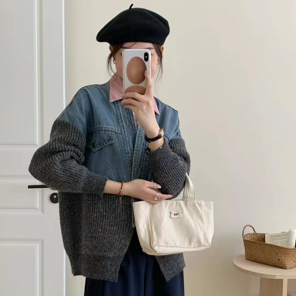 Dimanaf 2025 Autumn New Jacket Women Sweaters Coat Patchwork Wadded Coat Cardigan Knitting Pockets Fake Two-Piece Sweater