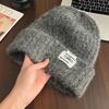 Winter Warm Wool Knitting Cap for Women Solid Color Elastic Ear Protection Fashion Label Beanies Korean Girl Simple Pullover Hat