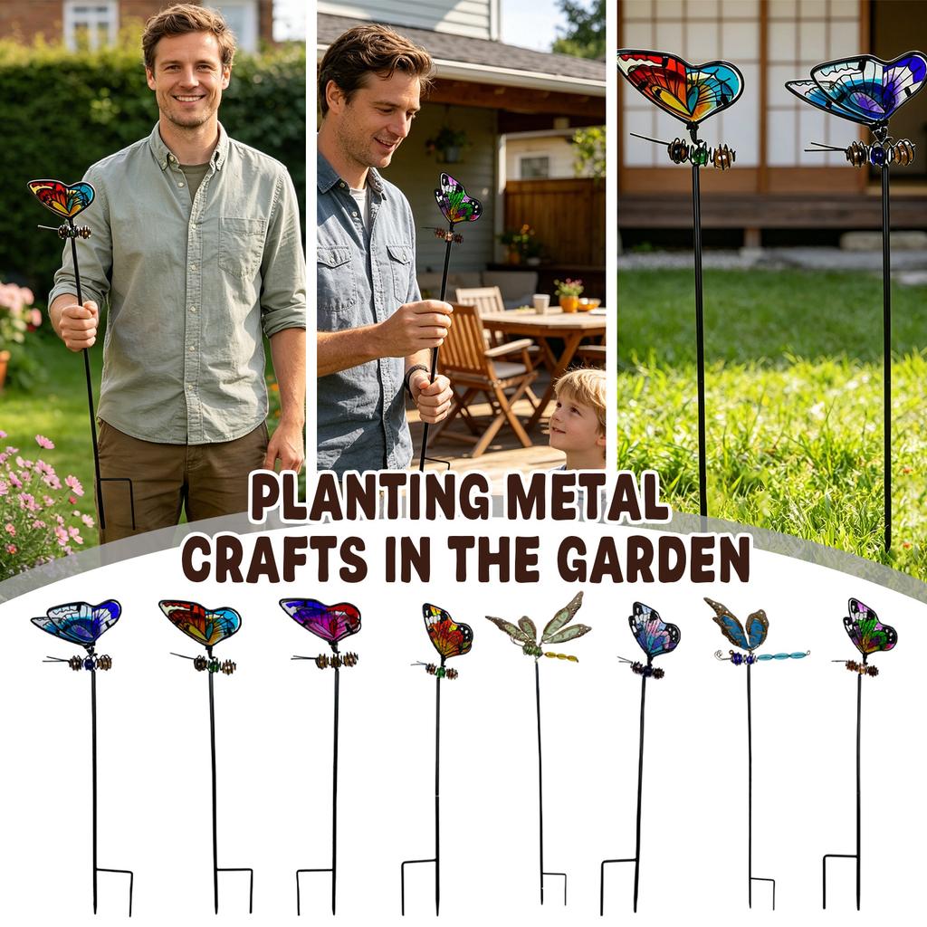 Metal Garden Stake Butterfly and Dragonfly Decorative Plant Pot Ornament Outdoor Yard Lawn Art Sculpture with Ground Insert