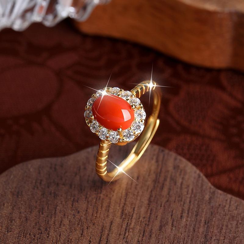 Jewelry S925 Sterling Silver Ring Women's Natural Nanhong Stylish Simple Geometric Oval Egg Surface Ring