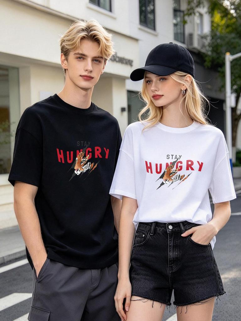 Casual Tiger Print Cotton Tee Loose Fit Short Sleeve Summer Unisex Daily Tops
