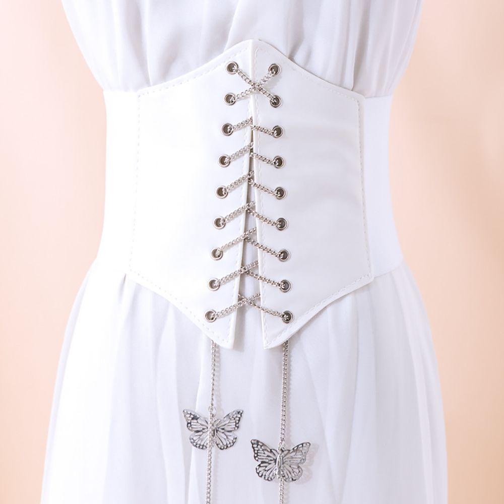 Female Dress High Waist Korean PU Leather Female Waistband Butterfly Chain Cummerbunds Waist Belt