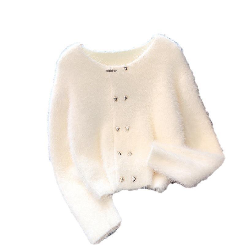 Cardigan double boutonnage en velours vison pour femme - Automne/Hiver 2025, Court à col rond Style Little Coco.