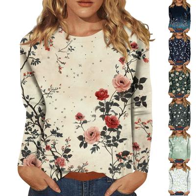Γυναικείο Μόδα Casual Μακρυμάνικο Μπλουζάκι με Φλοράλ Μοτίβο και Στρογγυλή Λαιμόκοψη