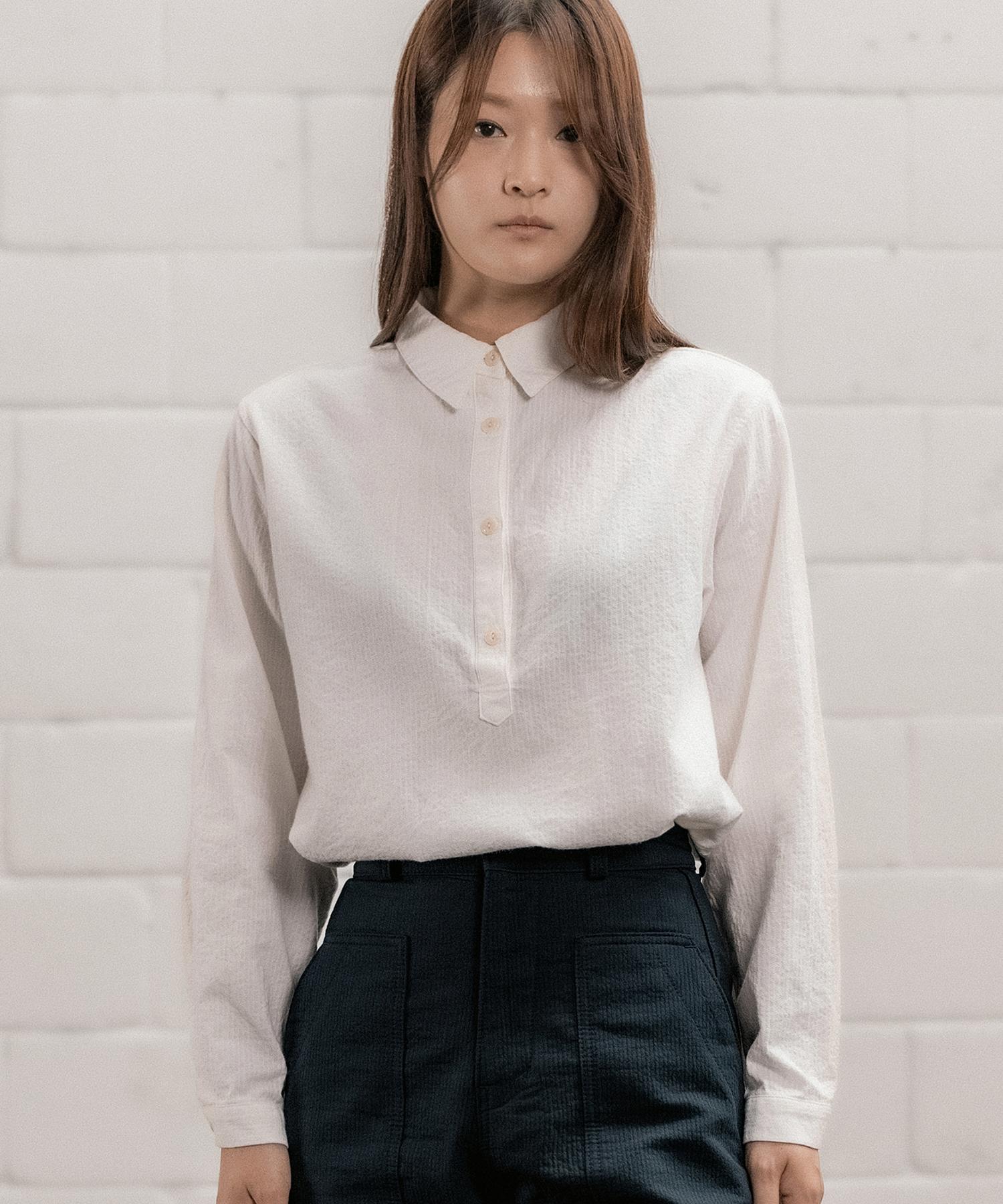 Cotton Bell Half-Open Long Sleeve Shirt - Ivory