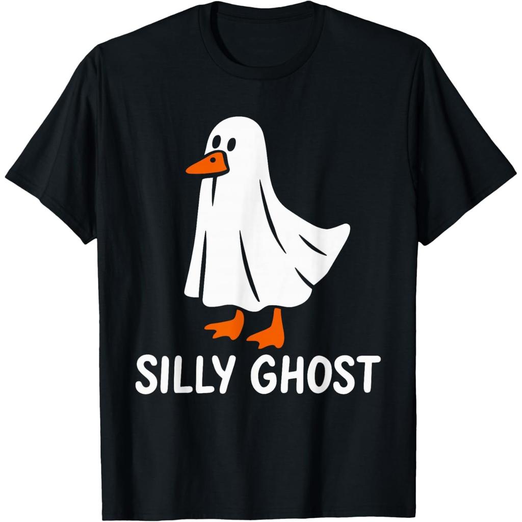 Duck In Ghost Costume Graphic Tee Funny Halloween Duck Print Casual Round Neck T-Shirt