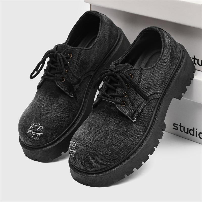 Fashion Men's Distressed Denim Platform Round Toe Derby Shoes Casual Big Head Leather Shoes Niche Avant-Garde Streetwear Shoes for Mens