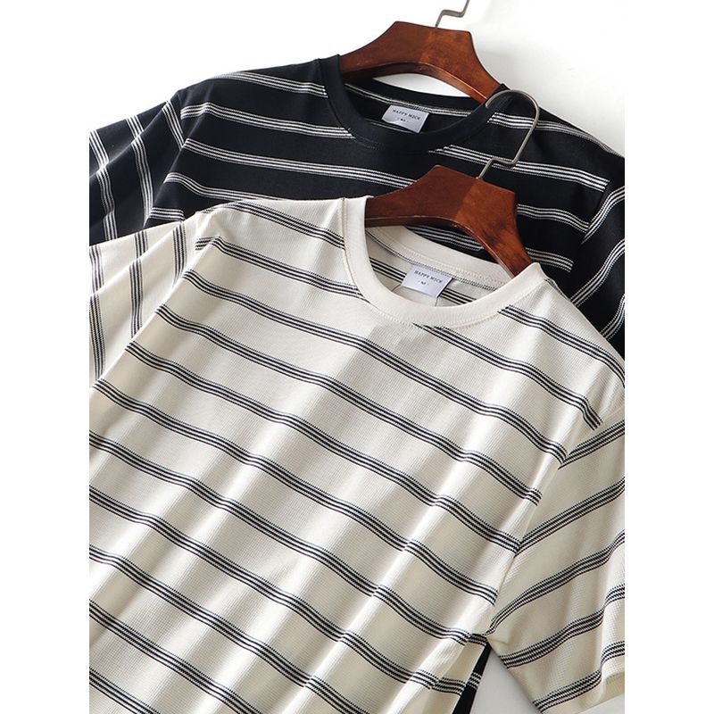 American vintage round Neck Knitted Stripes Short sleeve T-shirt Men's Summer Base Foreign Trade Export to Domestic Sales Men's T-shirt