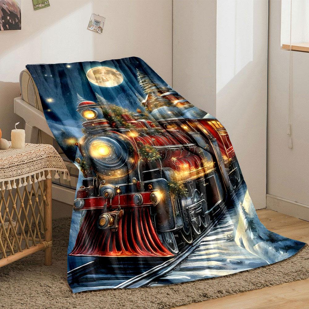 Christmas Train Night Print Blanket Bedroom Blanket for Livingroom Couch Lunch Break Soft Throw for Friend's Festival Gift