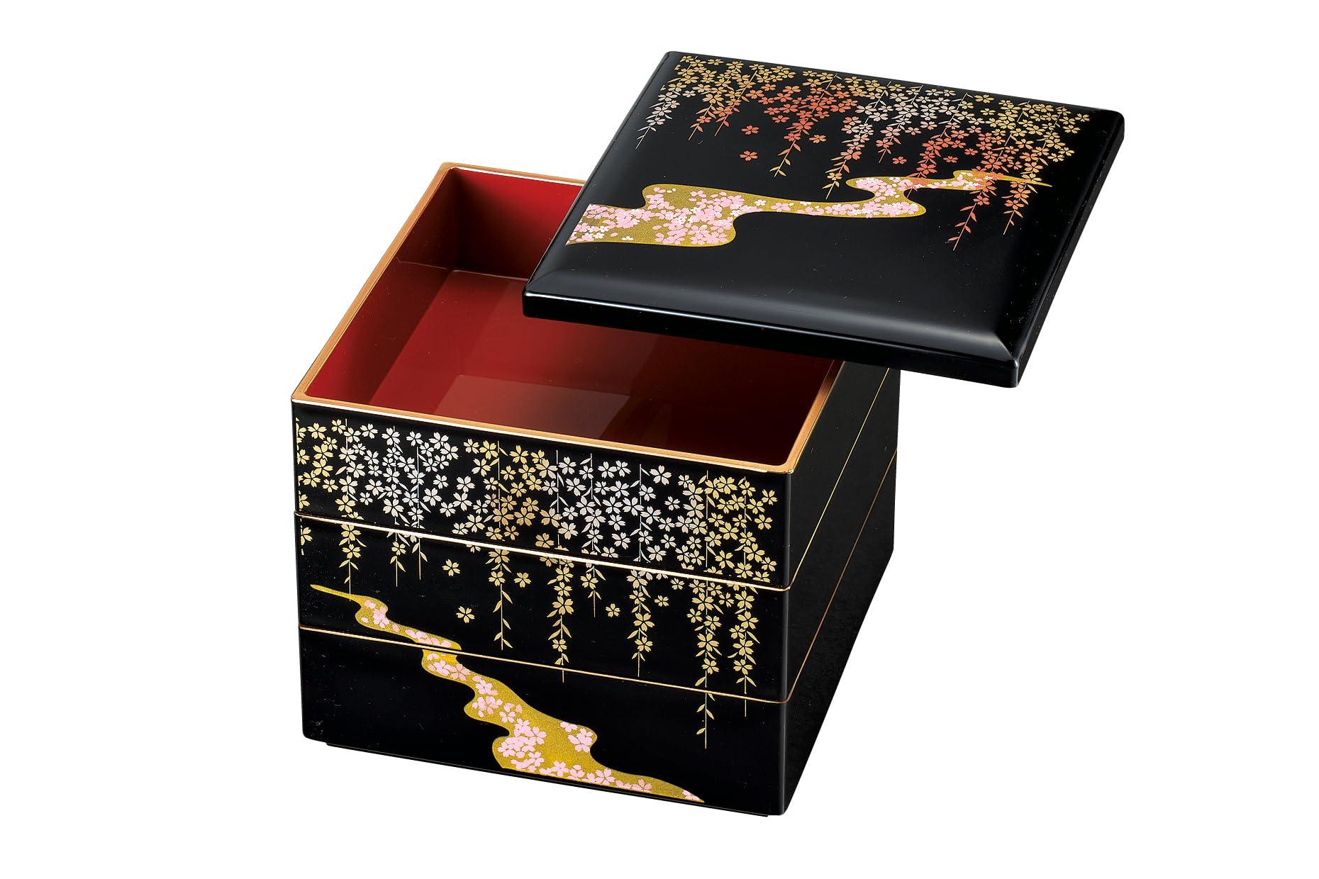 

Nakatani Brothers Company Yamanaka Lacquerware 6.5mm Square Deluxe Three-Tiered Box with Weeping Cherry Blossom Design, 37-4610