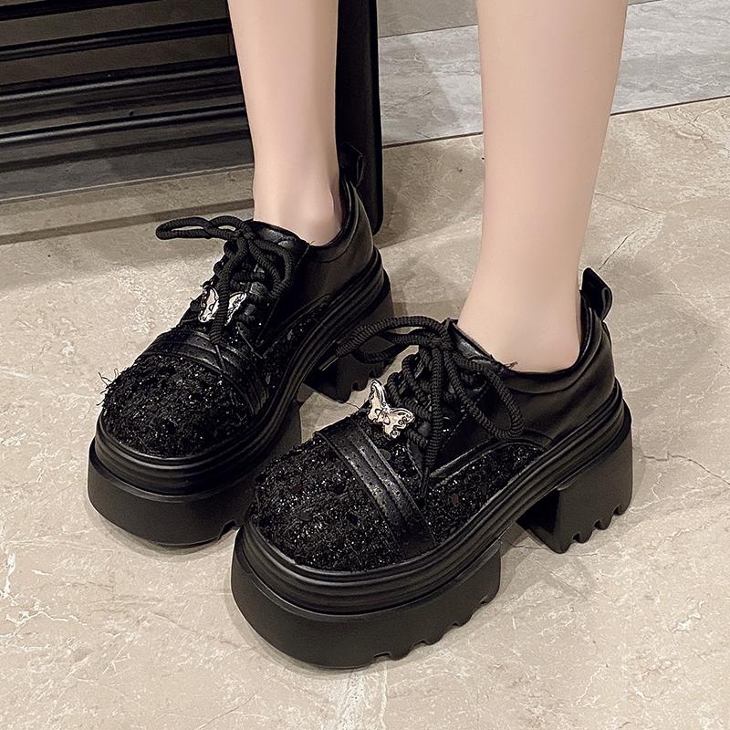 Fashion 9.5CM Spring Women Bling High Heels New 2025 Platform Casual Walking Shoes Non-slip Wedges Leather Chunky Sneakers Lace-up Pumps