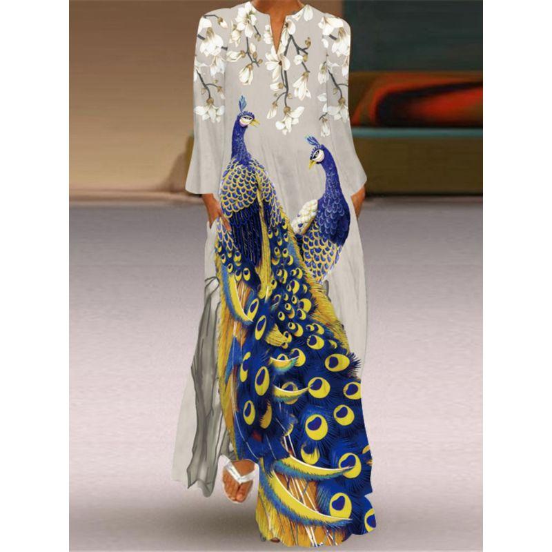 Long Sleeves Dress Women's 2025 Spring/Summer New Arrival Women's Clothing 3D Peacock Fashion Print Long Dress Travel Photography Clothes