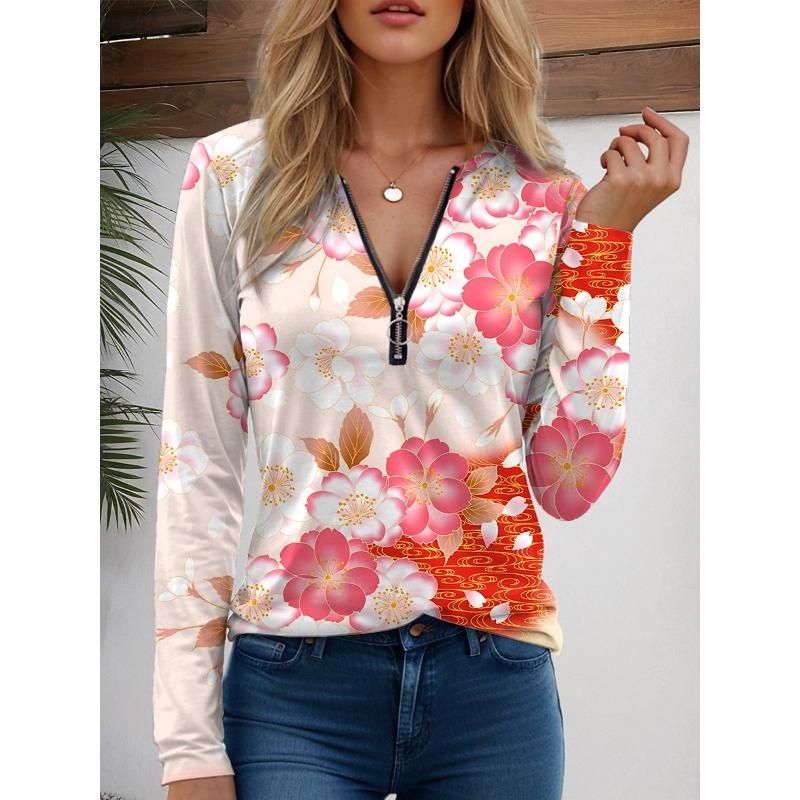 Women's T Shirt Quarter Zip Long Sleeve Casual Graphic Geometric Abstract