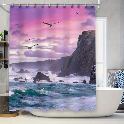Beach Shower Curtain with Ocean Waves Design Waterproof Fabric for Bathroom Decoration Pink Sky Background Seagulls Print In 3D