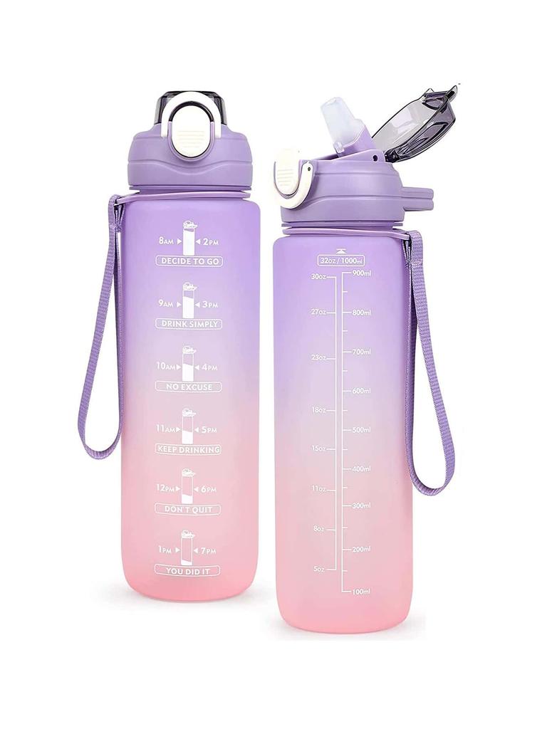 1L Sportwasserflasche Cartoon Transparent Tragbar Motivationswasserbecher Mit Plastikstrohhalm Tasse Outdoor-Sport Camping Trinken