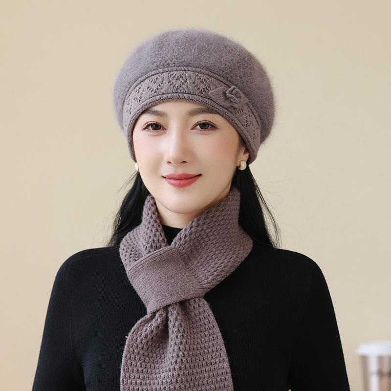 Chapeau d'hiver Béret en poils de lapin Pour les personnes âgées Chapeau thermique épais empilé Chapeau tricoté
