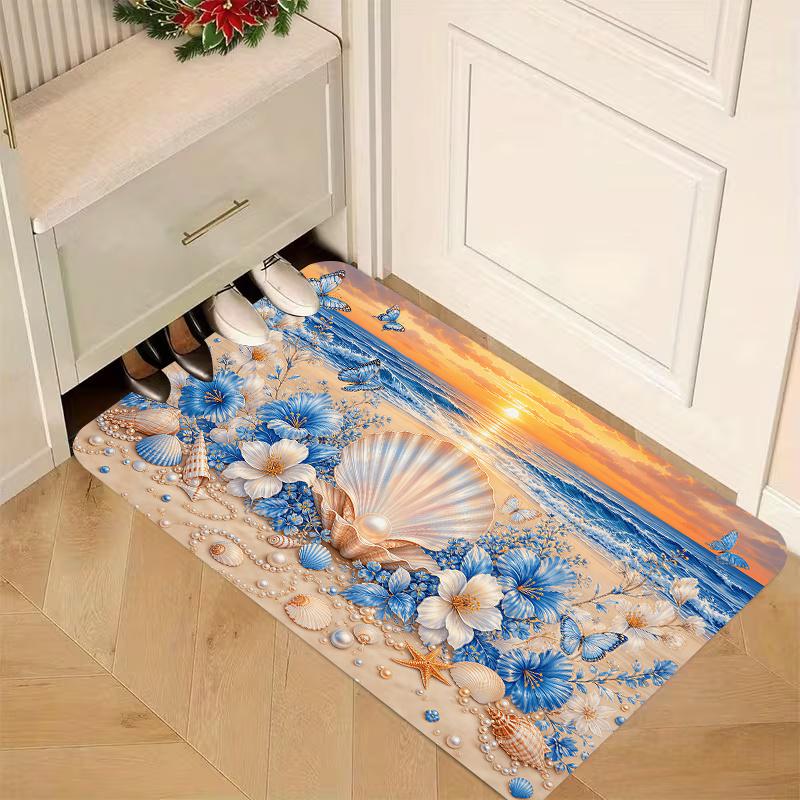 Blue Starfish Seashell Beach Sand Non Slip Doormat Coastal Nautical Summer Front Entrance Rug Indoor Outdoor Home Floor Decor