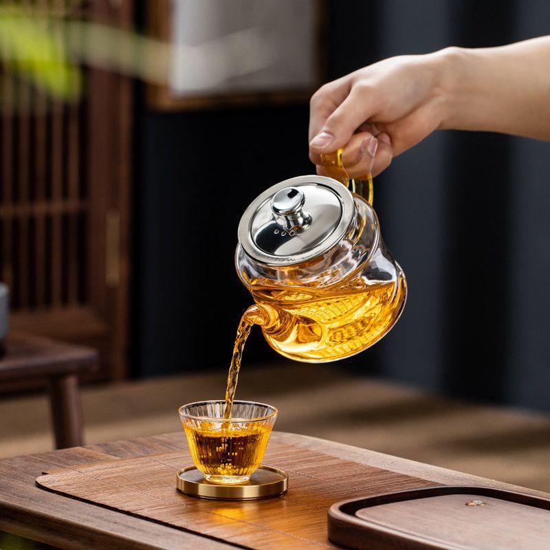 Heat-Resistant Glass Teapot Set with Stainless Steel Infuser and Colored Handle Teacups