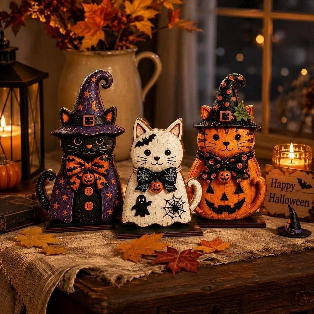 3pcs Rustic-style Halloween Figurine Pumpkin Tabletop Decoration Vintage Witch Cat Ornament Bedroom