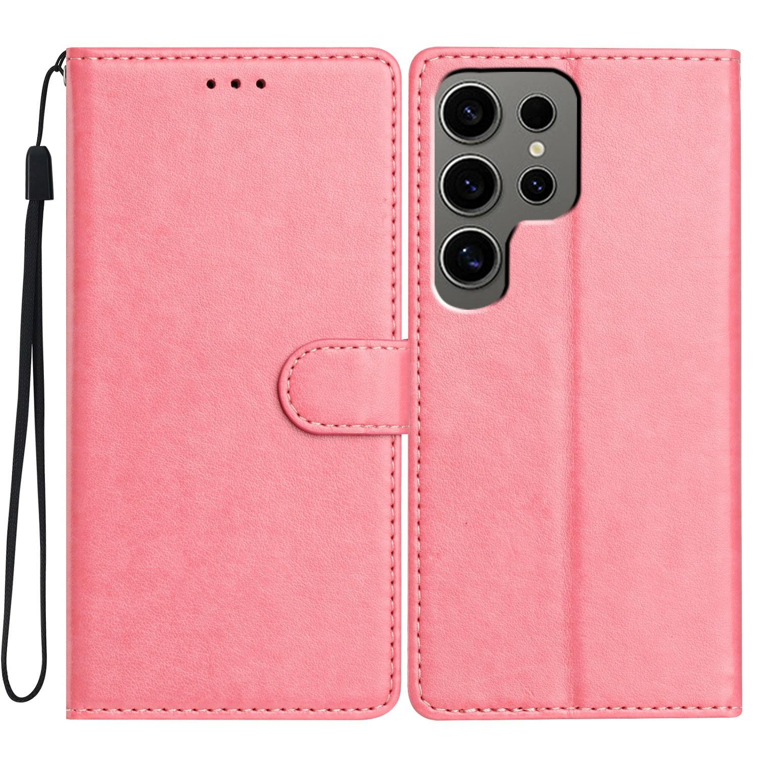 

For Samsung Galaxy S24 Ultra Leather Phone Case Wallet Stand Cover with Handy Strap Pink