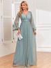 European Style Shiny Pleated Long Sleeve V-Neck A-Line Evening Gown