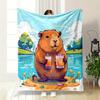 A Cheerful Guinea Pig Holding Two Drinks by a Lake In a Colorful Setting. for All Seasons Blanket Lunch Break Throw Gift