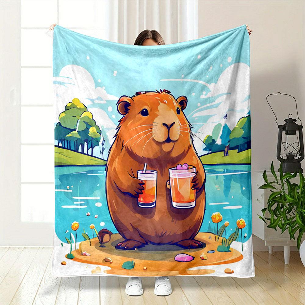 A Cheerful Guinea Pig Holding Two Drinks by a Lake In a Colorful Setting. for All Seasons Blanket Lunch Break Throw Gift