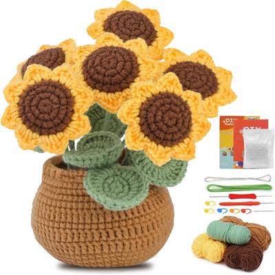 Kit de tejido de ganchillo BUDDUR con girasol en maceta, con aguja de ganchillo e instrucciones para principiantes, paquete de materiales para hacer muñecas.