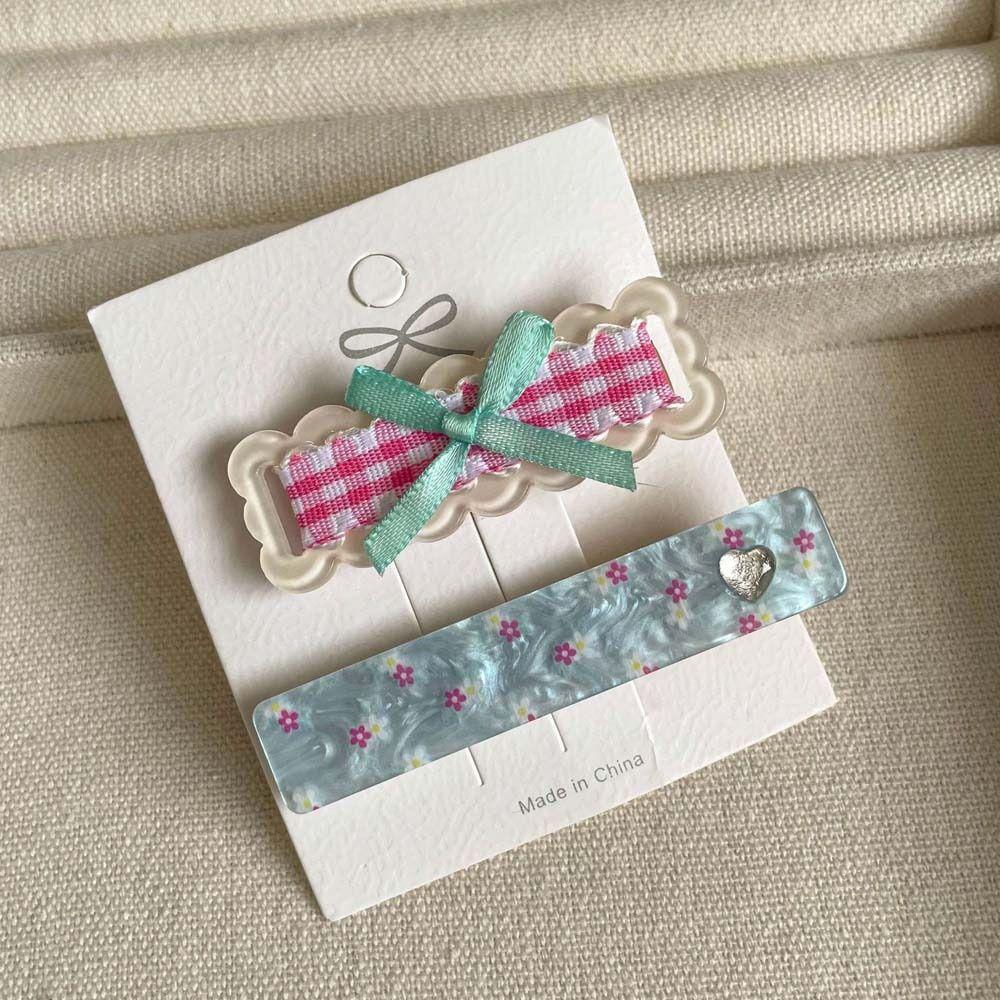 2Pcs/set Barrettes Cartoon Cat Hairpin Korean Style Korean Hair Clip Bow Plaid Hair Clip  Holiday