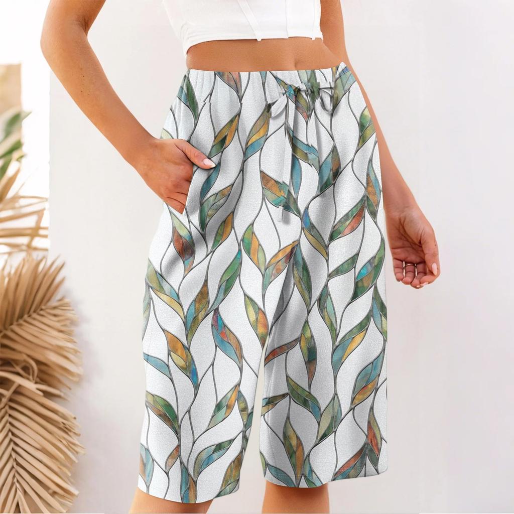 Women's Summer Gradient Floral Polka Dot Print Knee-Length Lightweight Elastic Waist Casual Pocket Shorts
