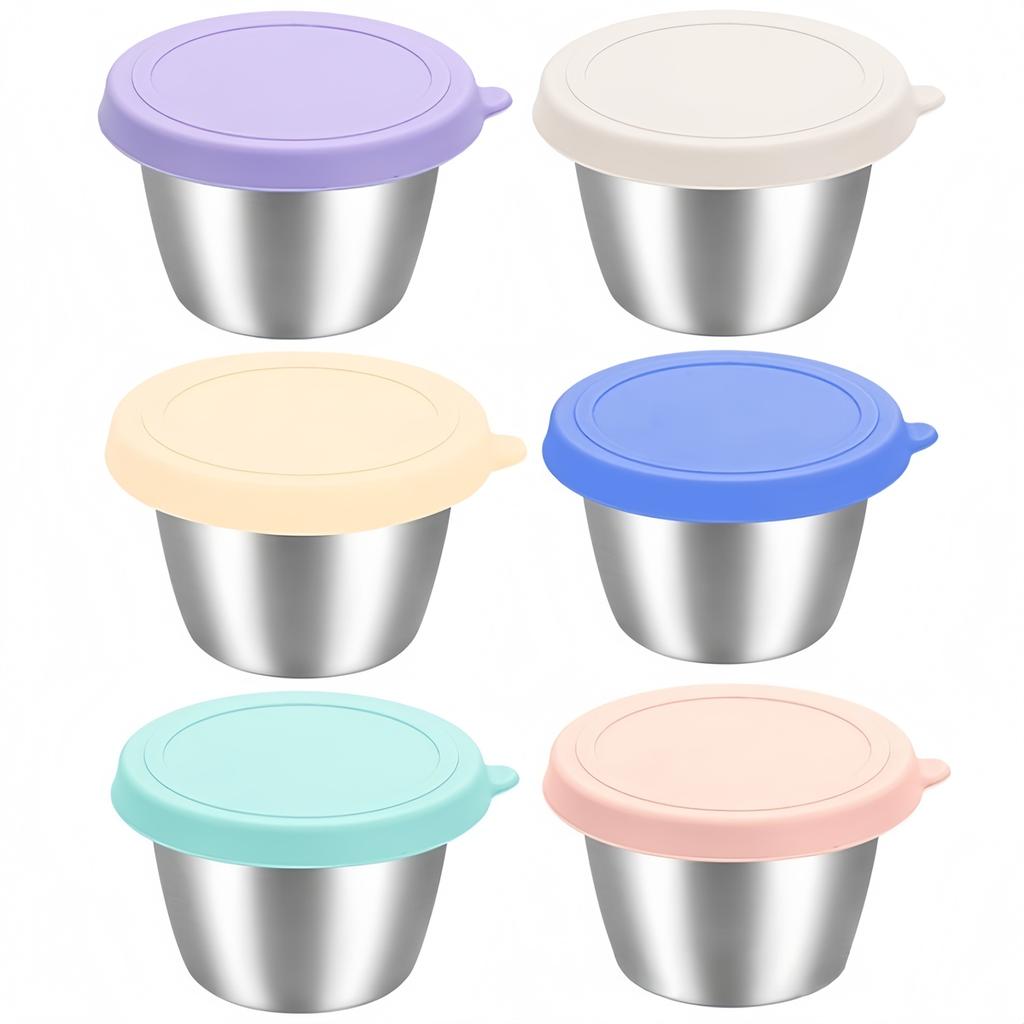 6pcs/set Stainless Steel Snack Container Bowl Salad Dressing Box With Lids 50/70ML For Picnics,barbecues,office Lunches,catering