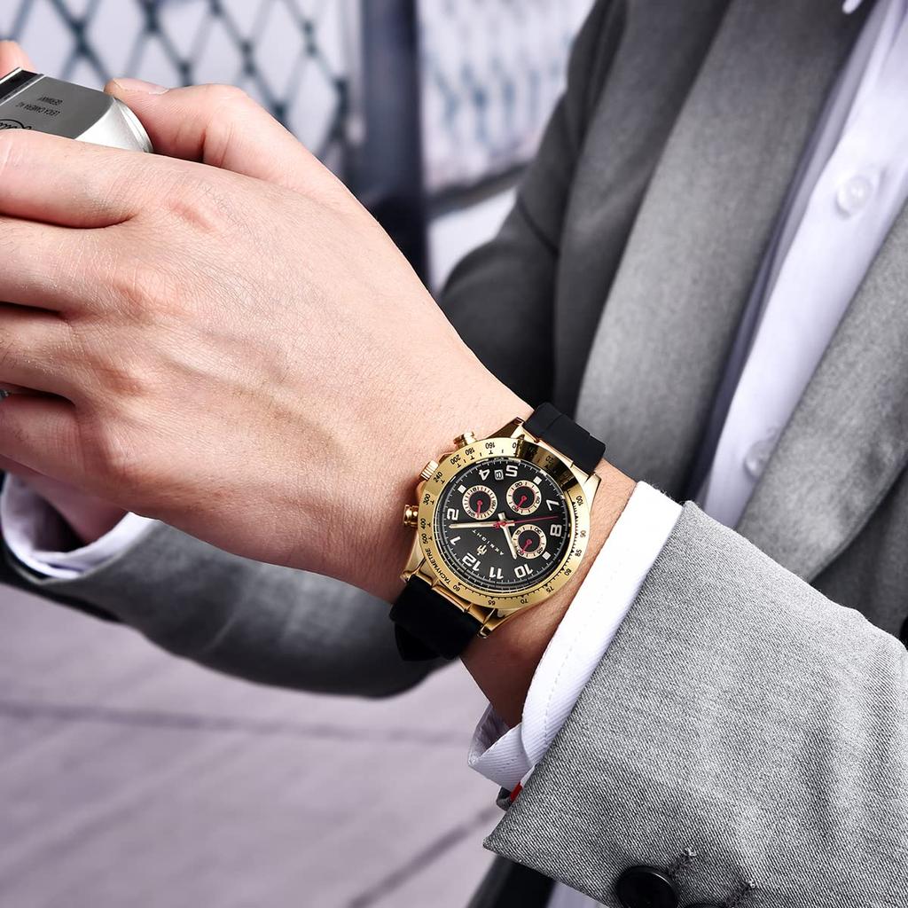 AKNIGHT Stylish and Popular Quartz Watch with Soft Silicone Luminous Analog Date Japanese Instruction Manual Black Men's Watch, Strap, Chronograph,