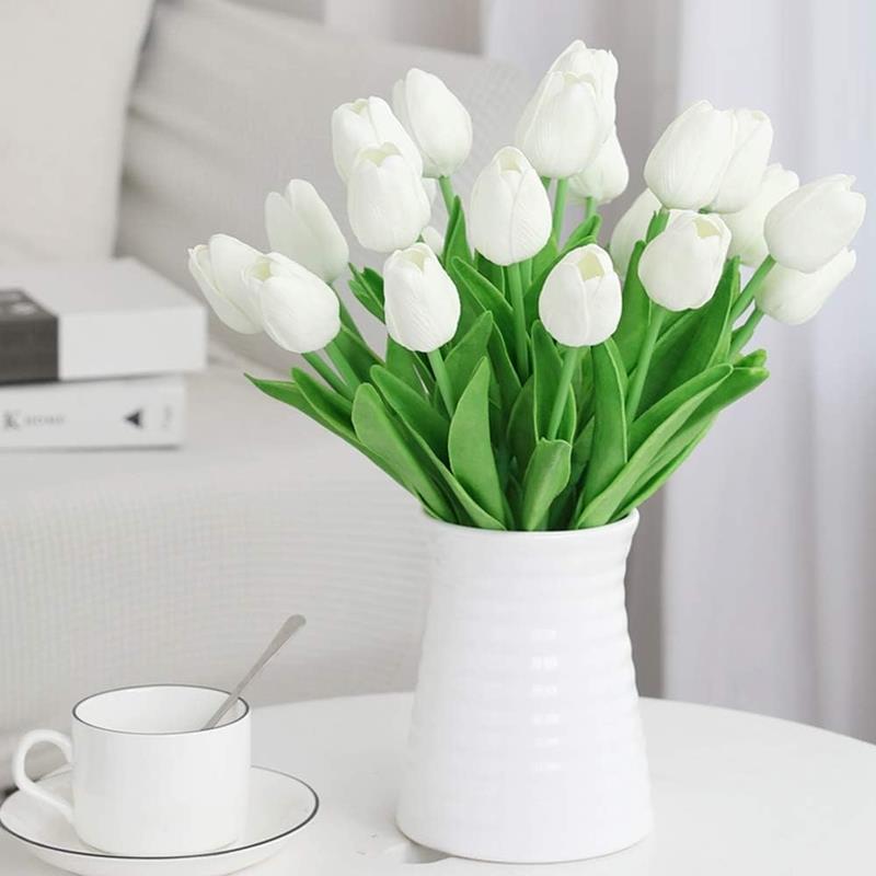 Silicone Tulips Artificial Flowers 34 Cm Decorative Plants for Vase 5 Pcs - White