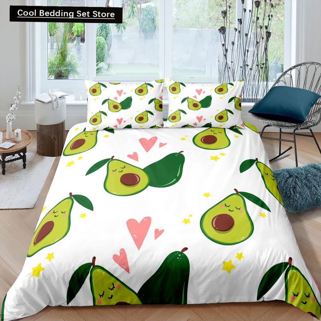 Husă de pilotă verde avocado King Queen Set de lenjerie de pat cu avocado din desene animate Husă de pilota cu fructe Husă de pilotă din poliester cu plante tropicale