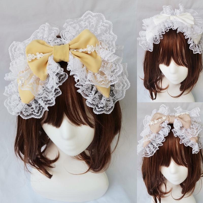 Lovely Sweet Hairband Maid Cosplay Headband Lolita Ruffled Lace Headwear Handmade Double Layer Bowknot Hair Accessory