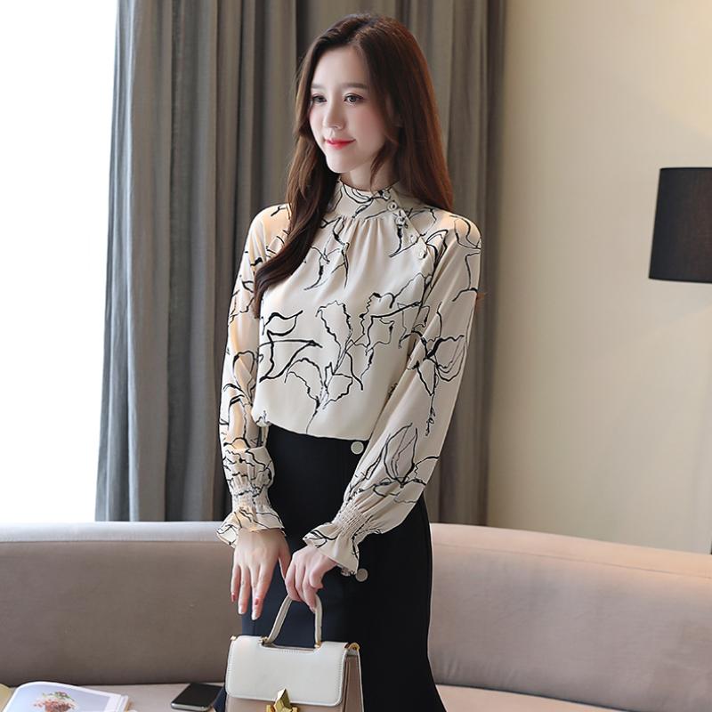 Moda Stand Slim Fit Chifón Casual Camisas de Mujer Tops de Primavera Manga Acampanada Blusa Temperamento Mujer Elegante Estampado Simple Oficina Señoras Camisas 26347