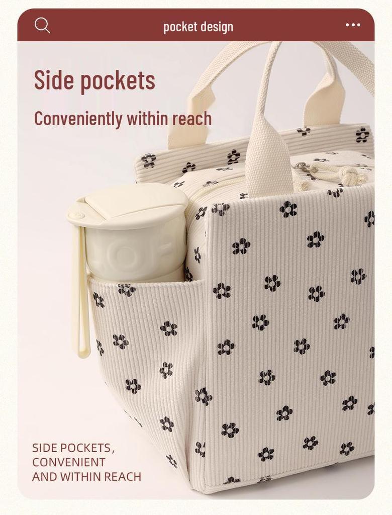 Insulated Corduroy Lunch Bag - Large Capacity for Office & School Use