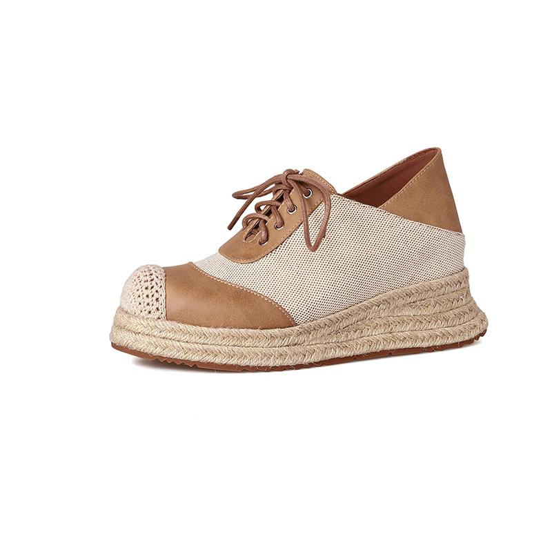 Brytyjski styl patchworkowe espadryle na koturnie z prawdziwej skóry z okrągłym noskiem, wiązane na krzyż, na płaskiej platformie, damskie płócienne buty rybackie