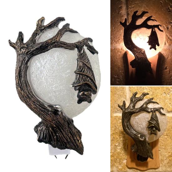 Halloween Inverted Bat Night Light Gothic Moon Tree Hanging Bat Plug-in Light Statue Holiday Party Bedroom Wall Outlet Bat Decorative Lamp