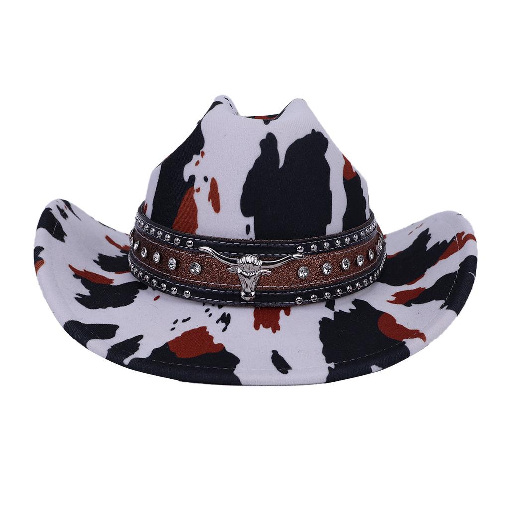 New Western Cowboy Hat Autumn and Winter Big Eaves Cow Pattern Woolen Tibetan Outdoor Jazz Hat Shade Top Hat