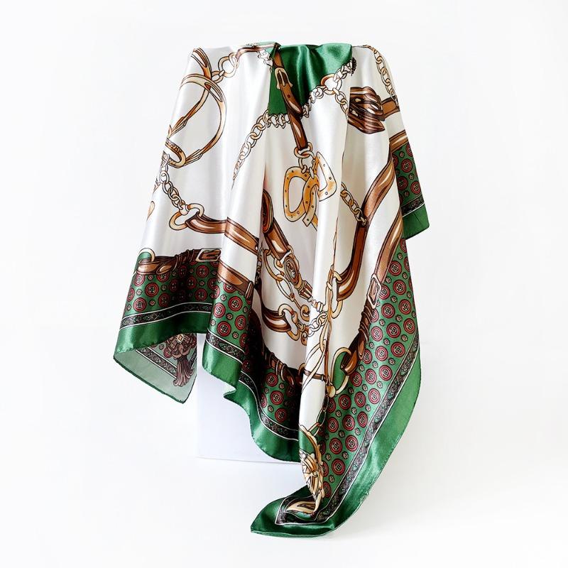 Versatile chain 90cm silk scarf square scarf high-end women's shawl retro printing satin bag headscarf