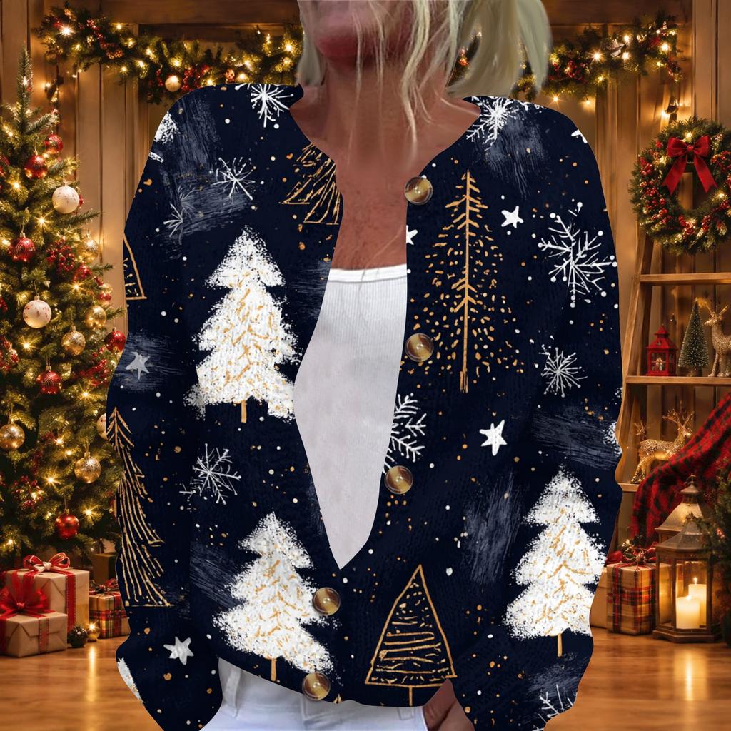 Women's Christmas Print Long Sleeve Knit Cardigan Button Front Sweater