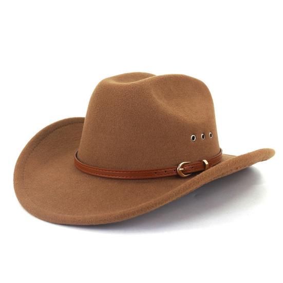 Ethnic Style Wide Brim Hemming Faux Leather Belt Decor Jazz Hat Western Cowboy Cowgirl Fedora Hat Fashion Accessories