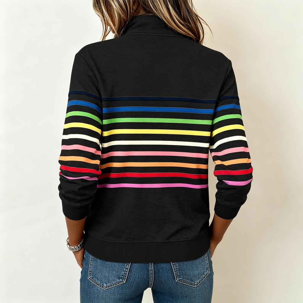 Damen Gestreiftes Reißverschluss-Vorderteil Reverskragen Langarm Sweatshirt Lässiger Pullover